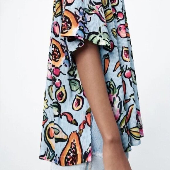 New Zara Fruit Printed Oversized Button Front Multicolored Shirt/Blouse/Top Sz S - Picture 8 of 15